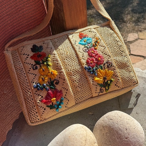 None Handbags - Vintage Beatnik, Hippie 1950’s-60’s Rattan Woven Bag